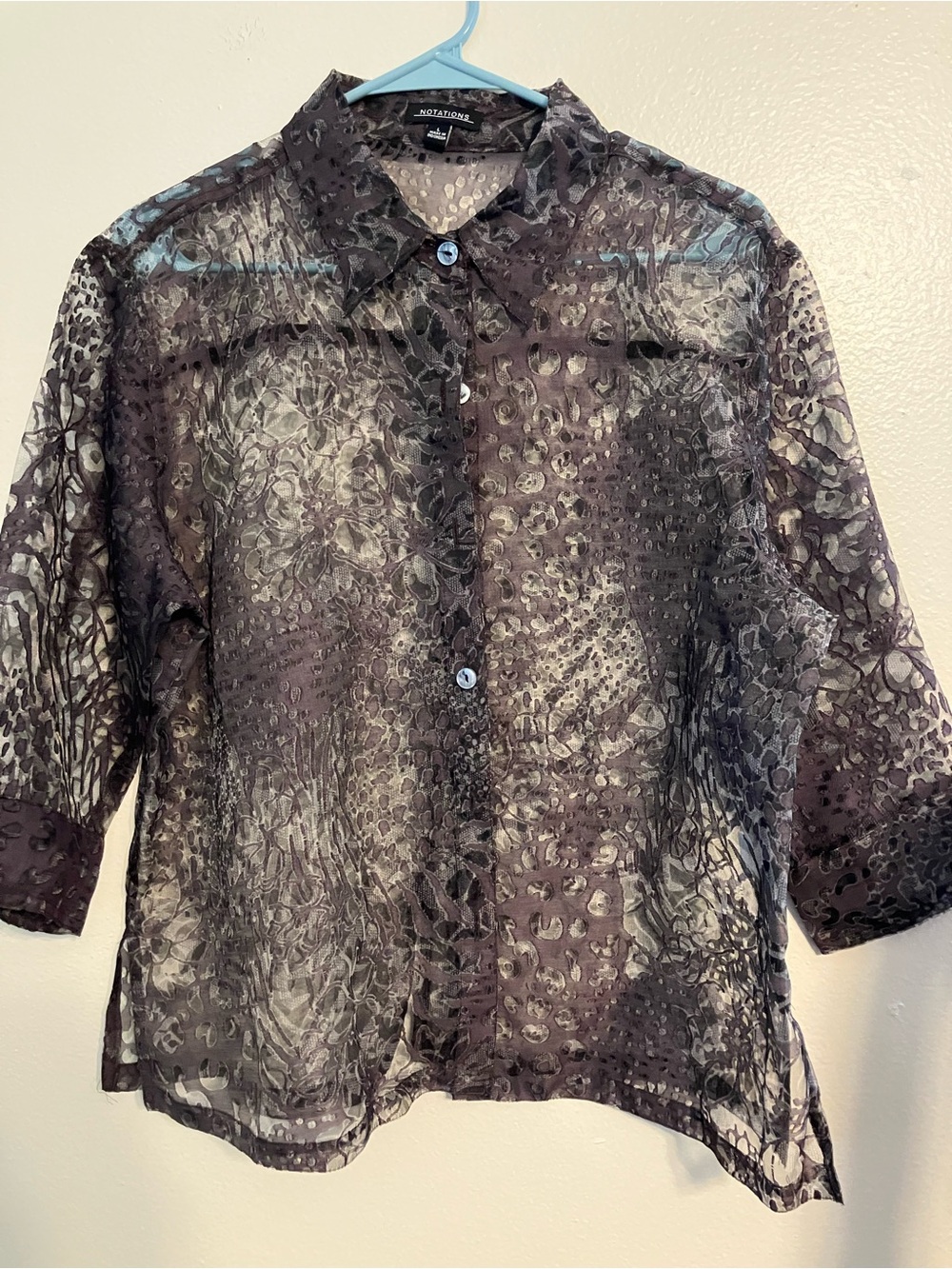 Notations Sheer Animal-Print Button Down Shirt - Black